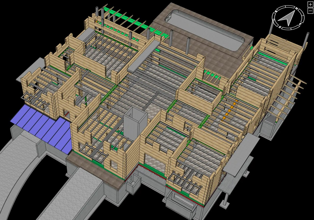 3D-модель деревянного дома с бетонными перекрытиями по технологии МАРКО